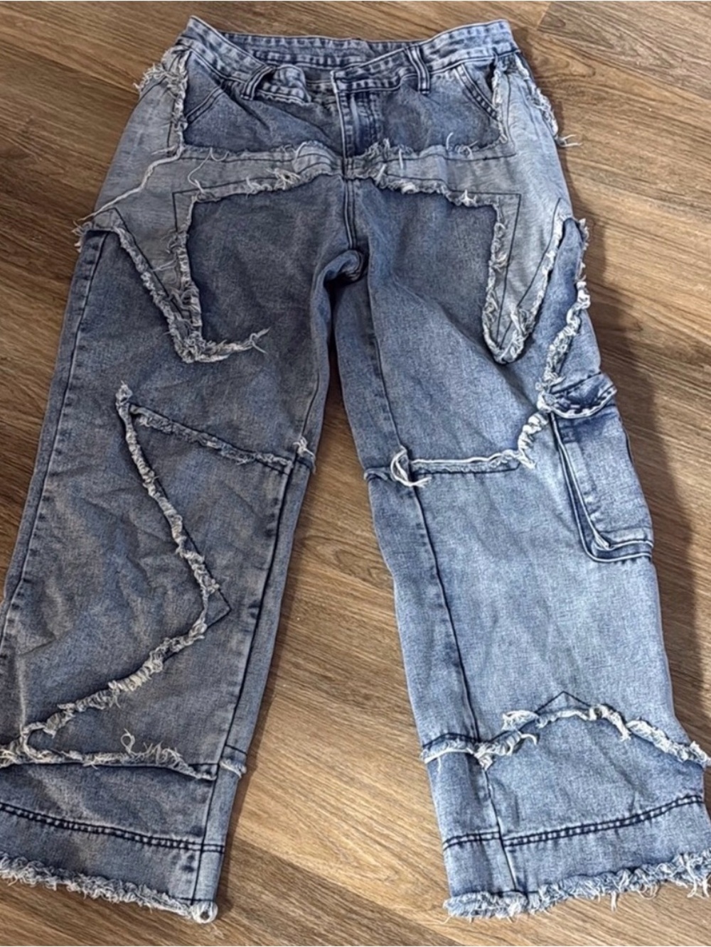 ROMWE Frayed Patchwork Light Wash Denim Jeans